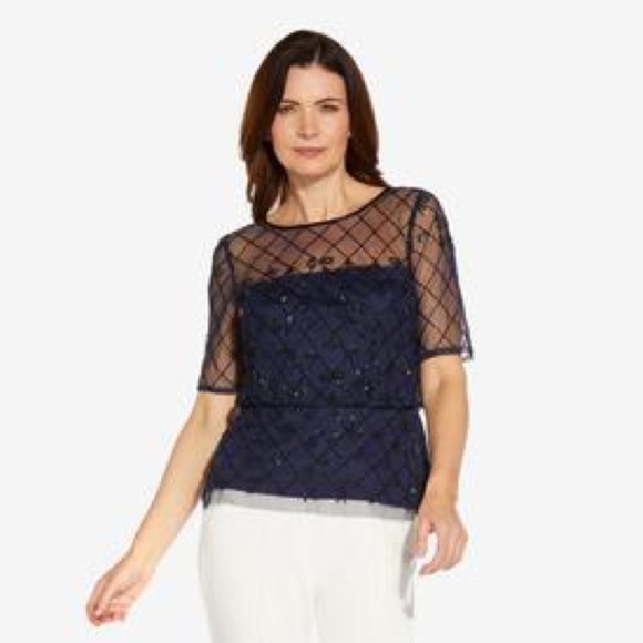 Adrianna Papell Navy Blouson Beaded Top - Picture 4 of 6